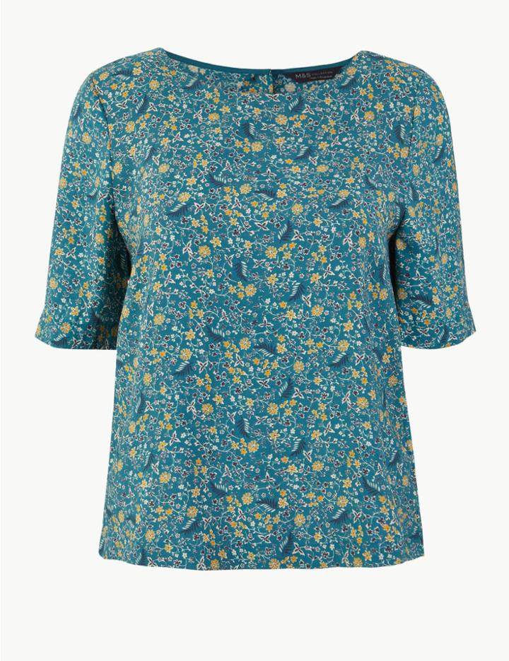 Marks & Spencer Floral Boat Neck Short Sleeve Blouse Teal Mix