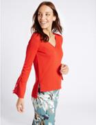 Marks & Spencer Dipped Hem V-neck Ruched Sleeve Jumper Orange