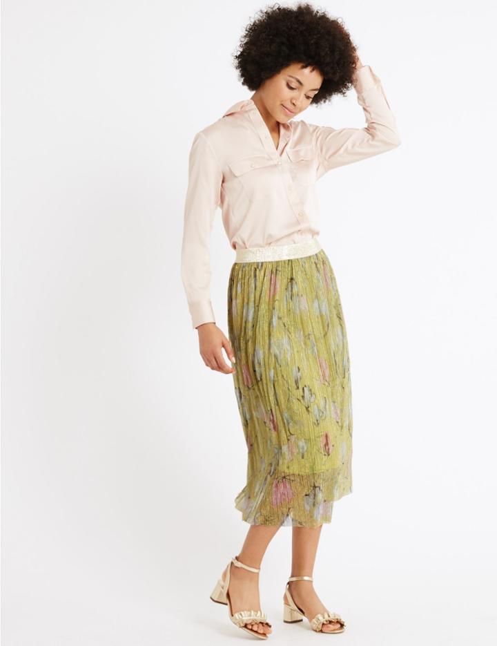 Marks & Spencer Printed Plisse A- Line Midi Skirt Lime Mix
