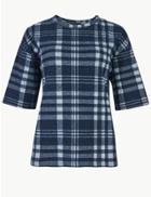Marks & Spencer Checked Round Neck Short Sleeve Sweatshirt Navy Mix