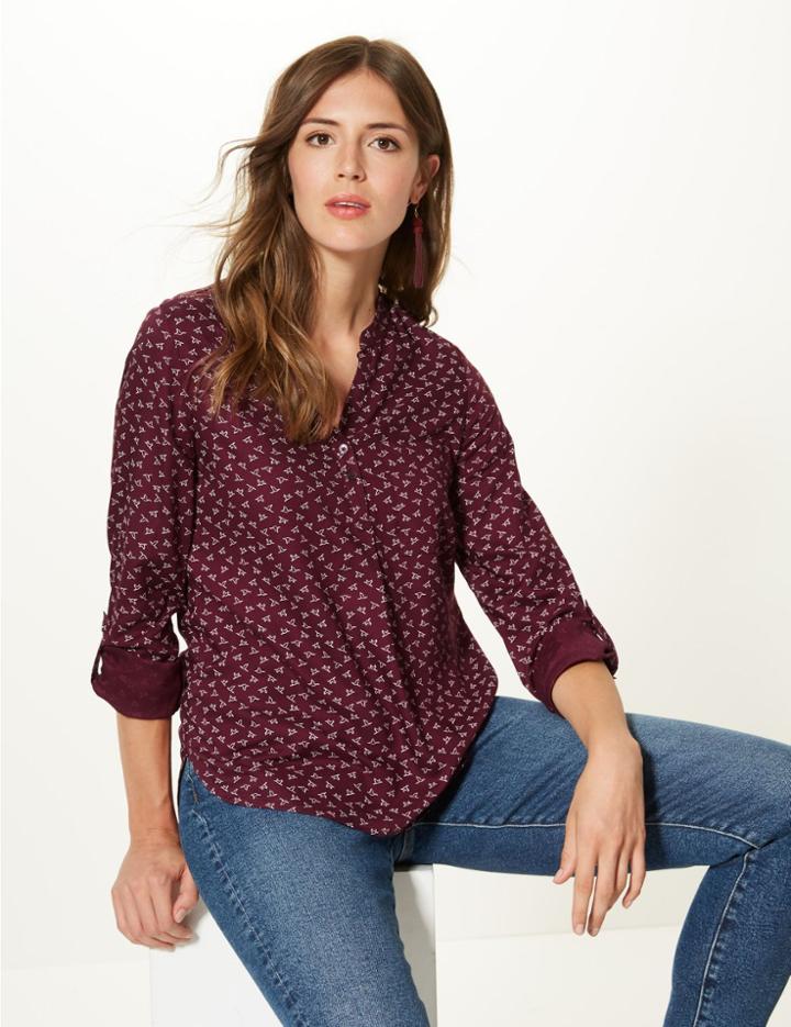 Marks & Spencer Bird Print Notch Neck Long Sleeve Blouse Pink Mix