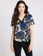 Marks & Spencer Floral Print V-neck Jersey Top Blue Mix