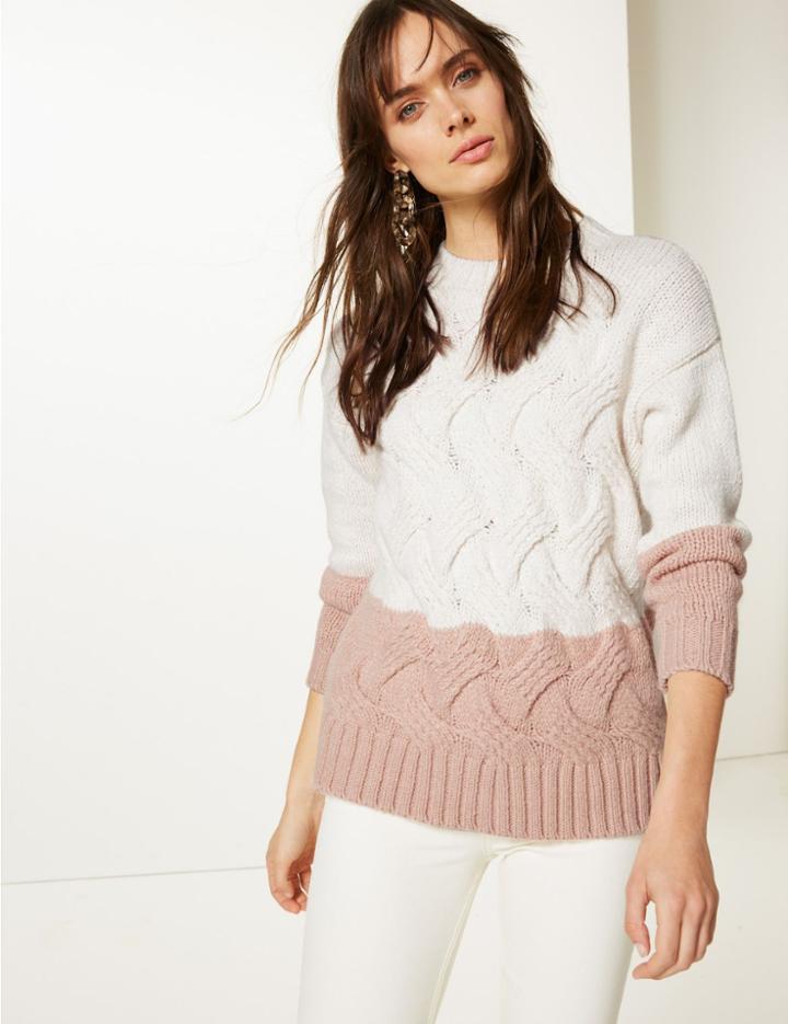 Marks & Spencer Colour Block Round Neck Jumper Cream Mix