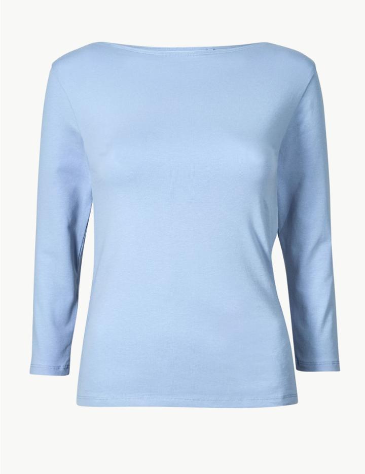 Marks & Spencer Cotton Rich Slash Neck Fitted T-shirt Periwinkle