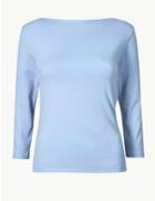 Marks & Spencer Cotton Rich Slash Neck Fitted T-shirt Periwinkle