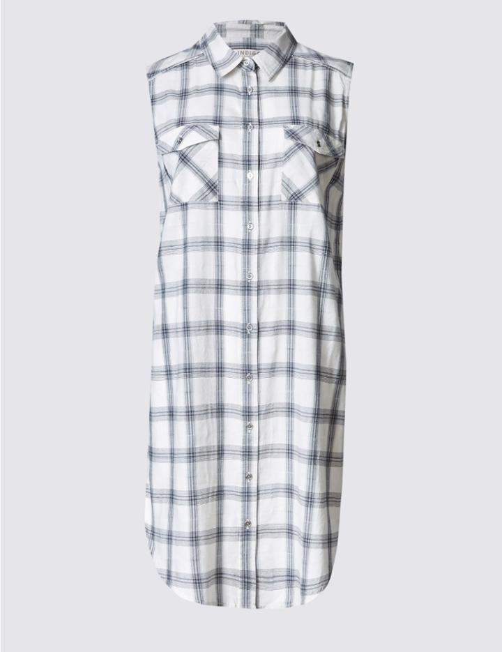 Marks & Spencer Cotton Rich Longline Checked Shirt Ivory Mix