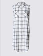 Marks & Spencer Cotton Rich Longline Checked Shirt Ivory Mix