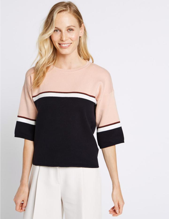 Marks & Spencer Cotton Rich Colour Block 3/4 Sleeve Jumper Navy Mix