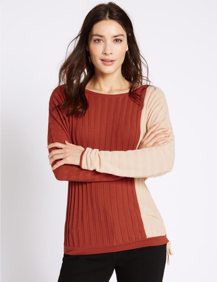 Marks & Spencer Ribbed Drawstring Hem Slash Neck Jumper Burnished Copper