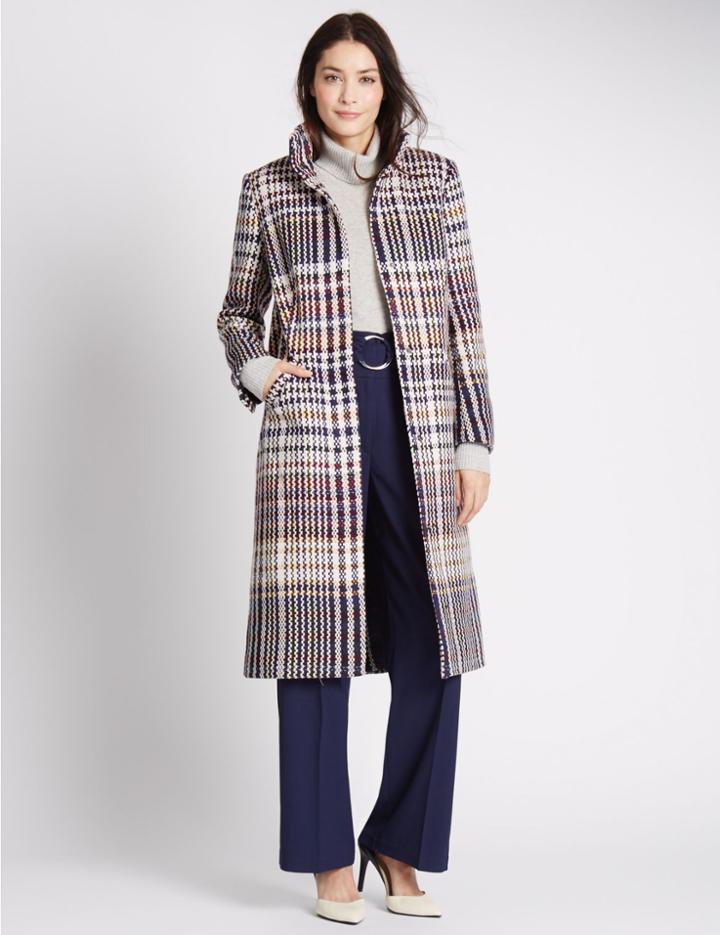 Marks & Spencer Checked Funnel Neck Coat Ivory Mix