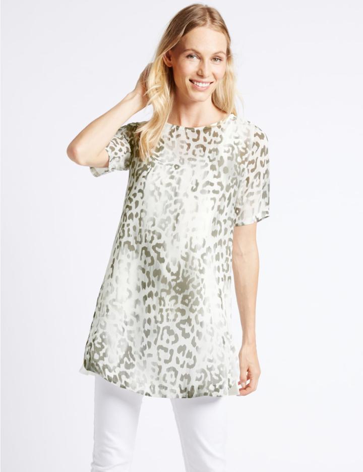Marks & Spencer Animal Print Overlay Half Sleeve Tunic Grey Mix