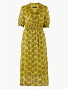 Marks & Spencer Printed Shirred Waist Midi Dress Yellow Mix