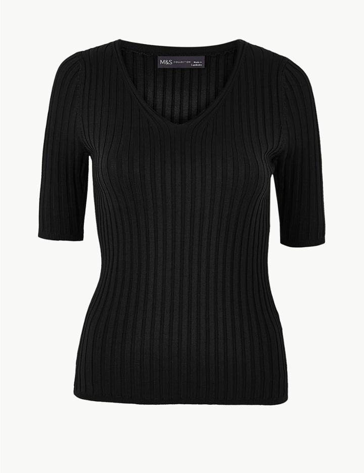 Marks & Spencer Ribbed V-neck Short Sleeve Knitted Top Black