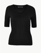 Marks & Spencer Ribbed V-neck Short Sleeve Knitted Top Black