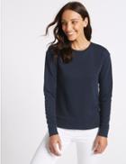 Marks & Spencer Cotton Rich Round Neck Long Sleeve Top Navy