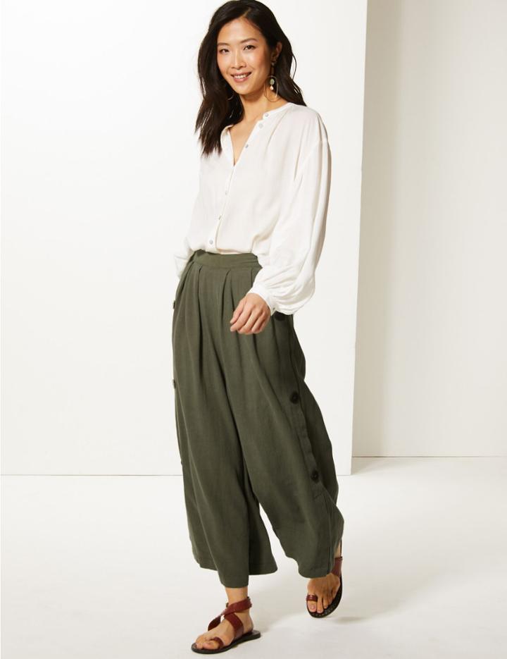 Marks & Spencer Linen Rich Wide Leg Cropped Trousers Khaki