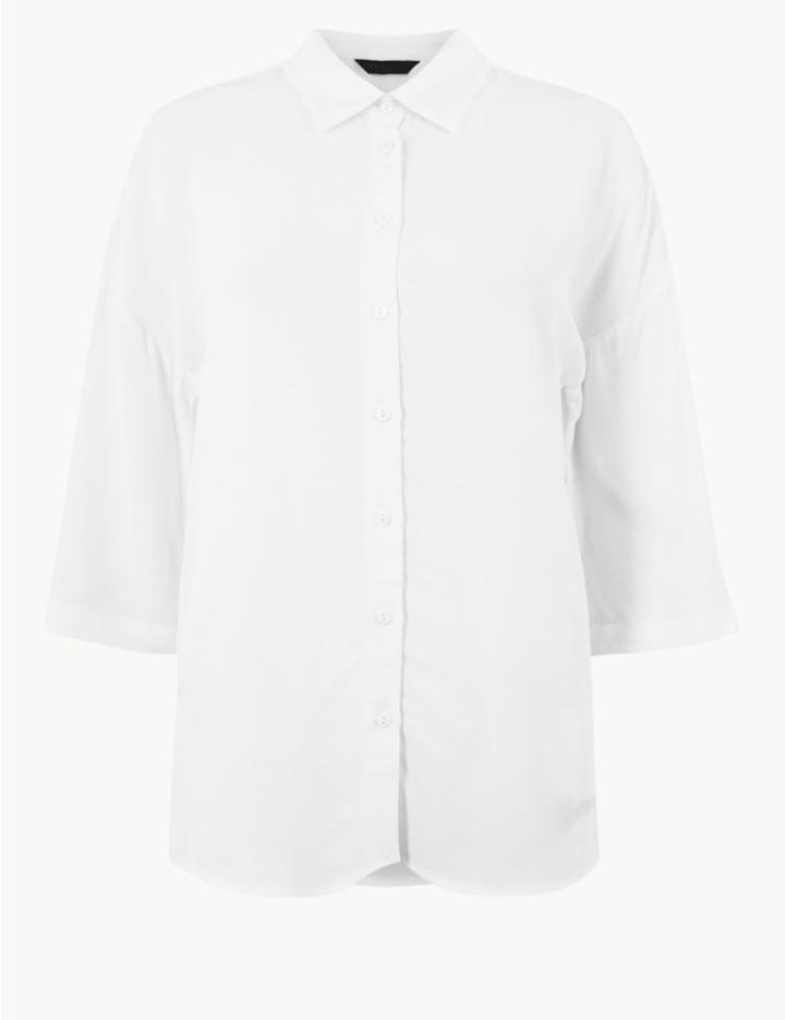 Marks & Spencer Collared Neck 3/4 Sleeve Oversized Shirt Ivory