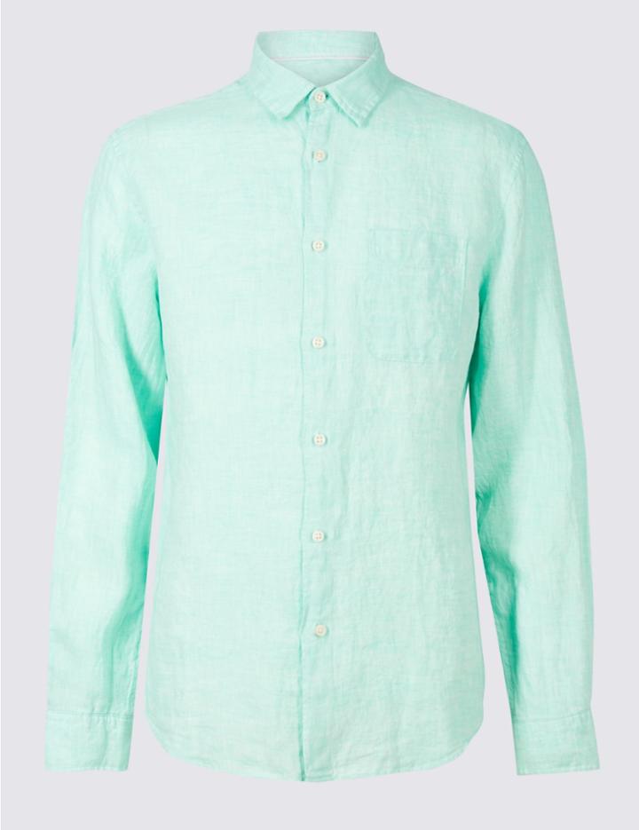 Marks & Spencer Pure Linen Easy Care Slim Fit Shirt Mint