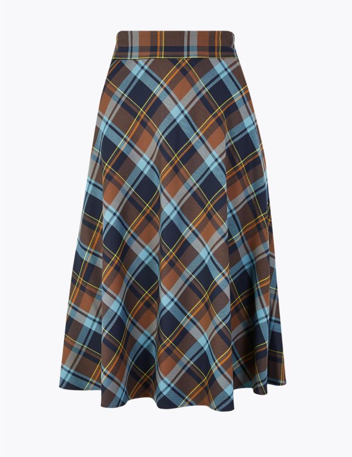 Marks & Spencer Checked A-line Midi Skirt Blue Mix