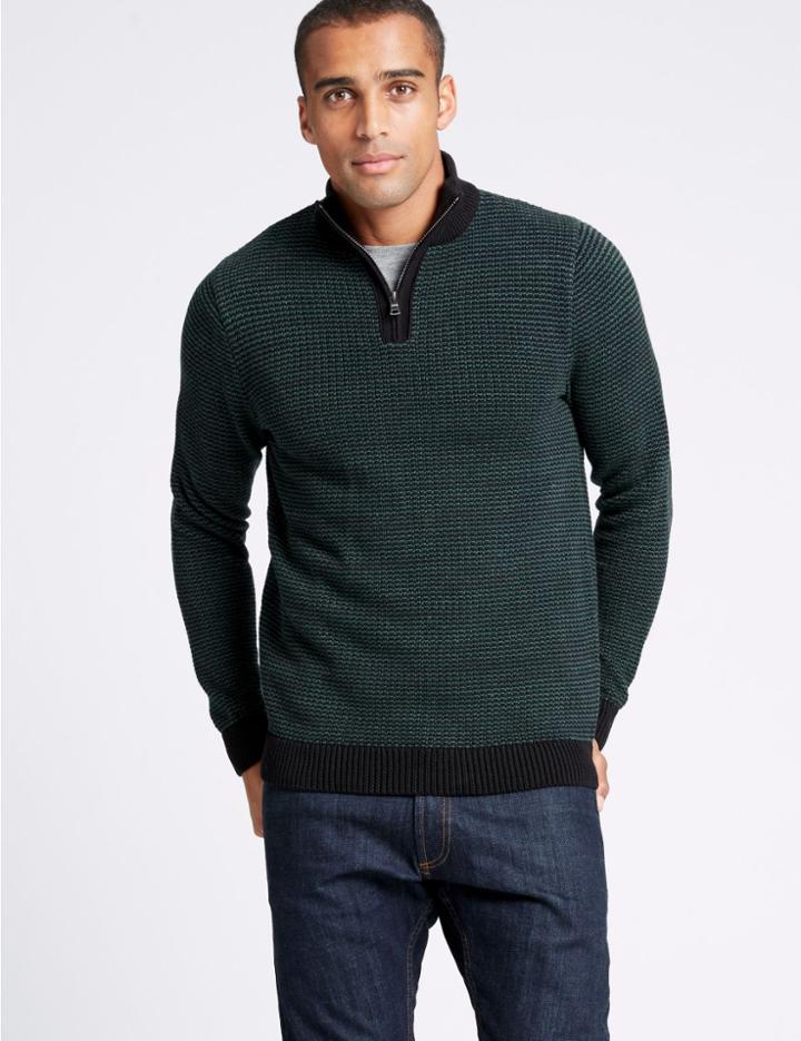 Marks & Spencer Pure Cotton Textured Half Zip Jumper Green Mix