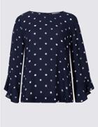 Marks & Spencer Printed Round Neck Long Sleeve Shell Top Navy Mix