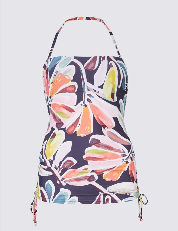 Marks & Spencer Floral Print Padded Bandeau Tankini Top Navy Mix