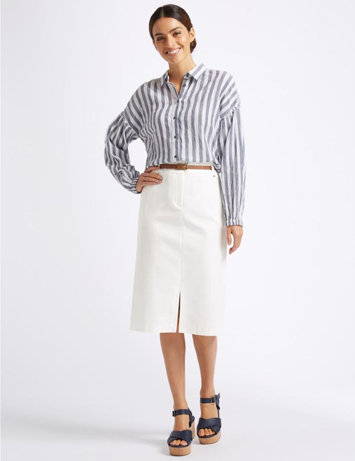 Marks & Spencer Cotton Rich Belted Pencil Midi Skirt Ivory