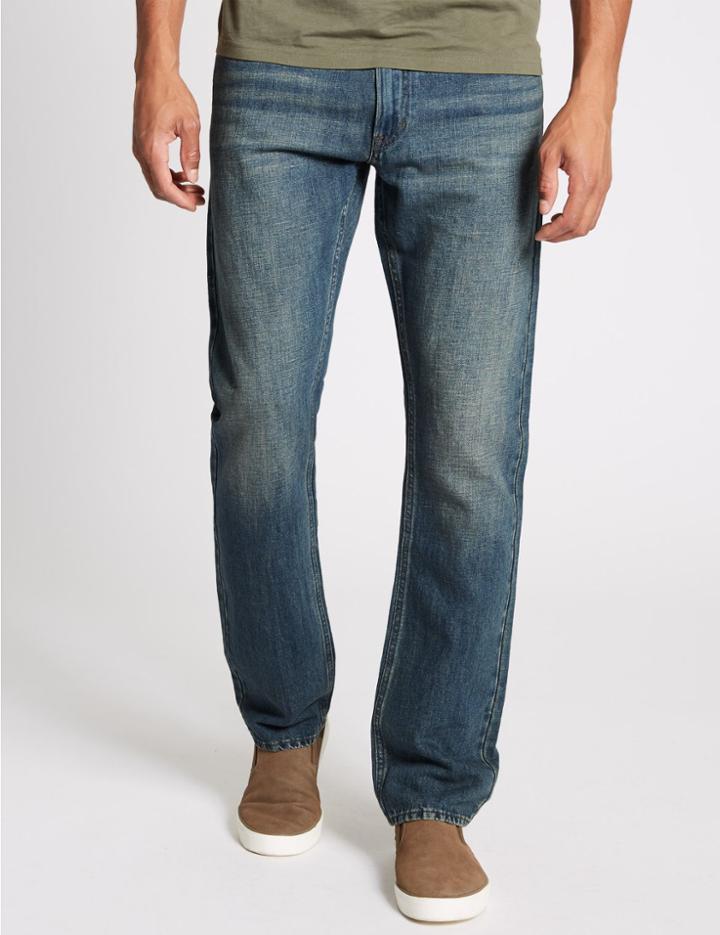 Marks & Spencer Cotton Linen Straight Fit Jeans Medium Blue