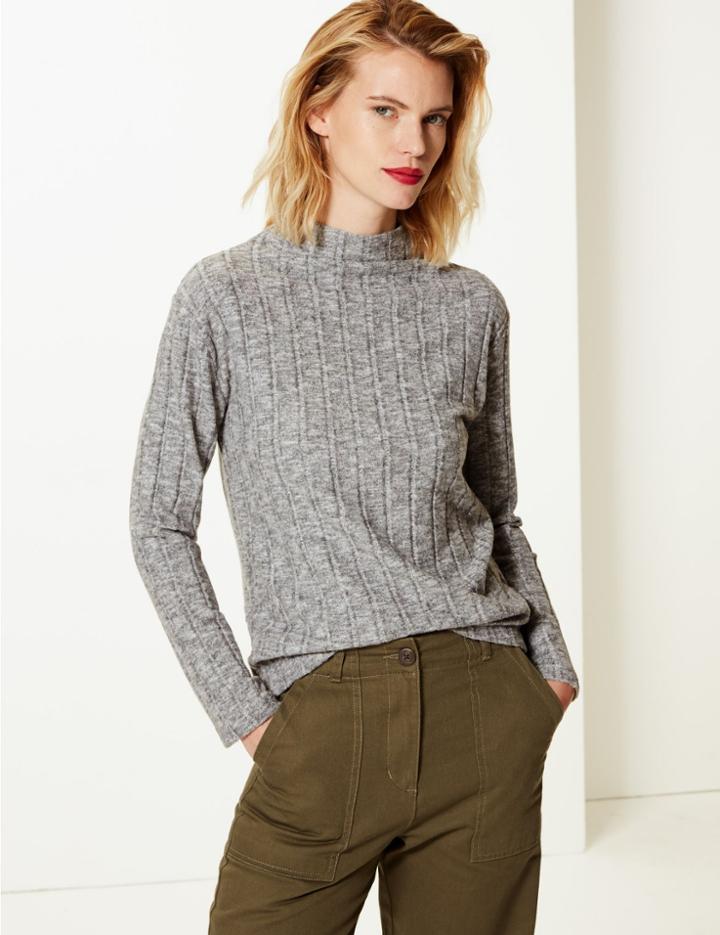Marks & Spencer Textured High Neck Regular Fit Sweatshirt Light Grey