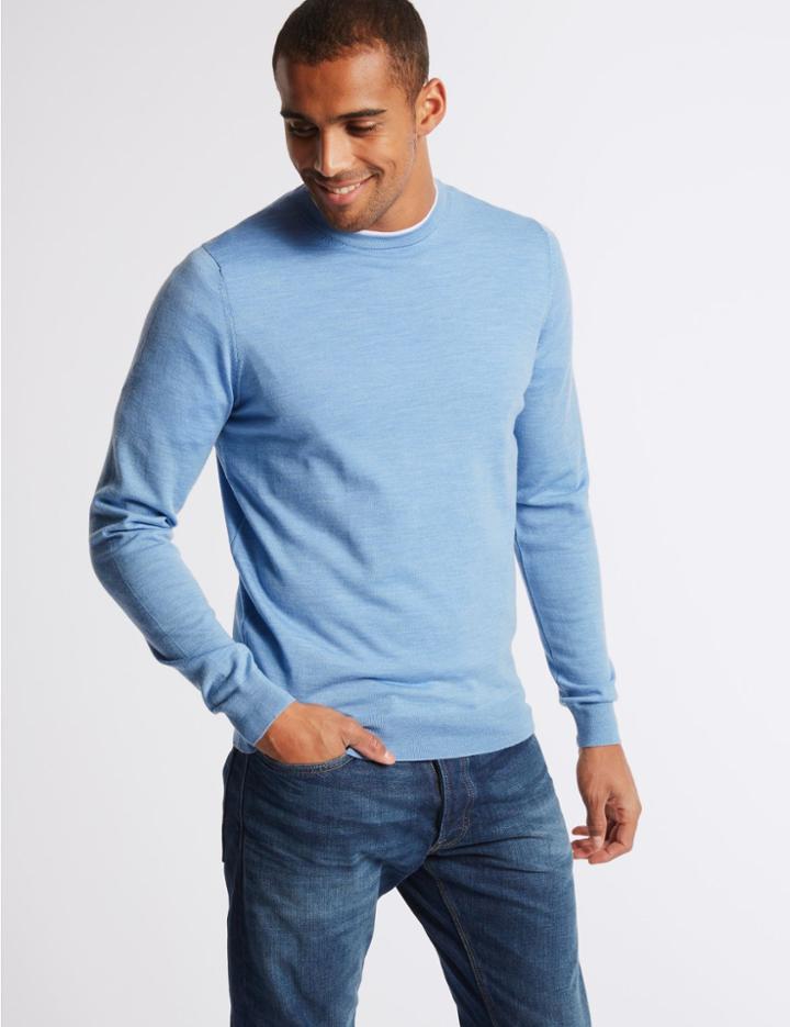 Marks & Spencer Pure Extra Fine Merino Crew Neck Jumper Ice Blue
