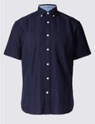 Marks & Spencer Pure Cotton Textured Shirt With Pocket Navy