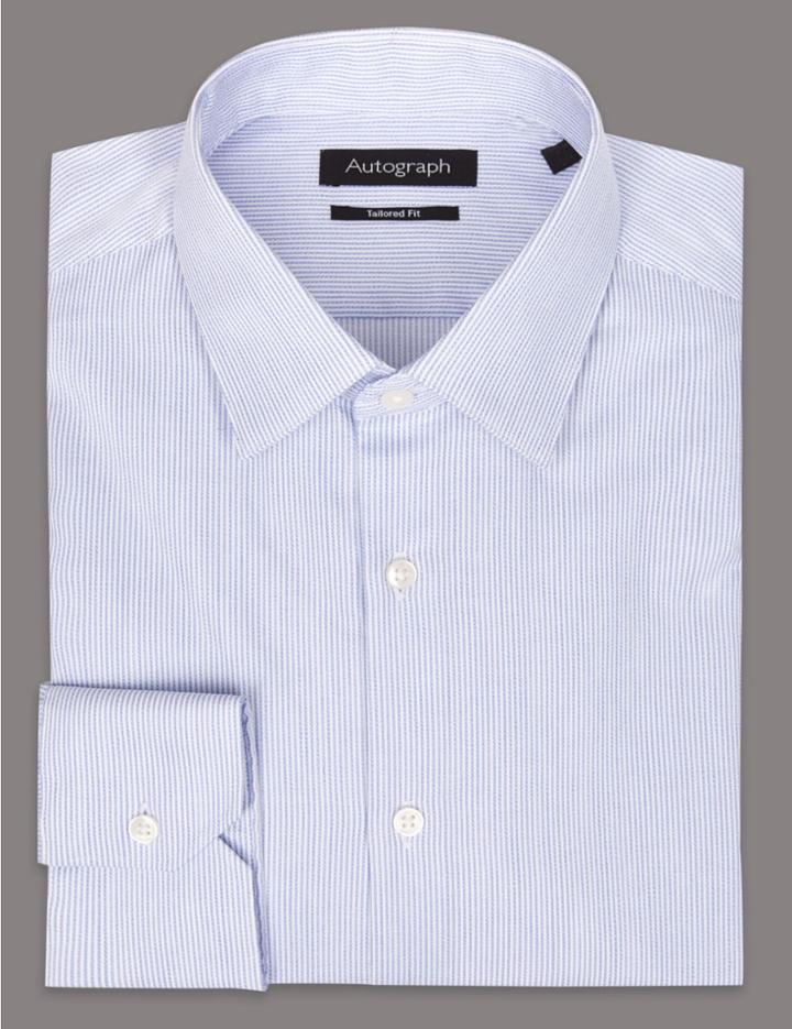 Marks & Spencer Pure Cotton Tailored Fit Striped Shirt Medium Blue Mix