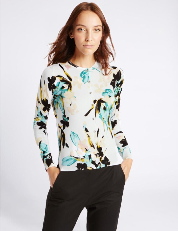 Marks & Spencer Floral Print Round Neck Cardigan Cream Mix