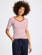 Marks & Spencer Pure Cotton Striped V-neck T-shirt Red Mix