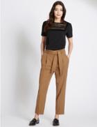 Marks & Spencer Cotton Blend Belted Tapered Leg Trousers Tan
