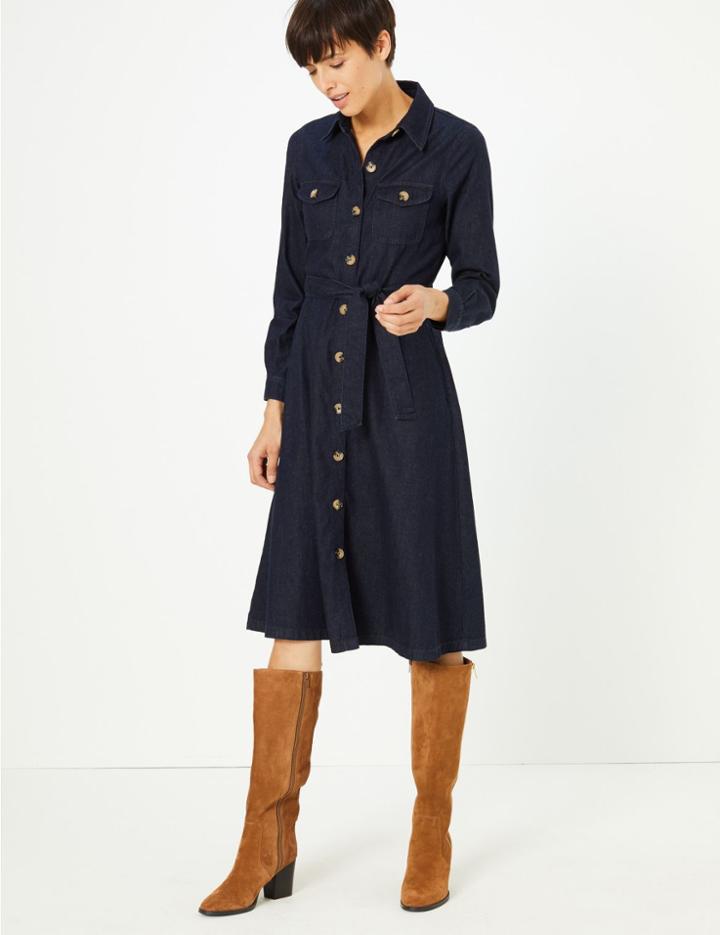 Marks & Spencer Denim Button Detailed Waisted Dress Indigo