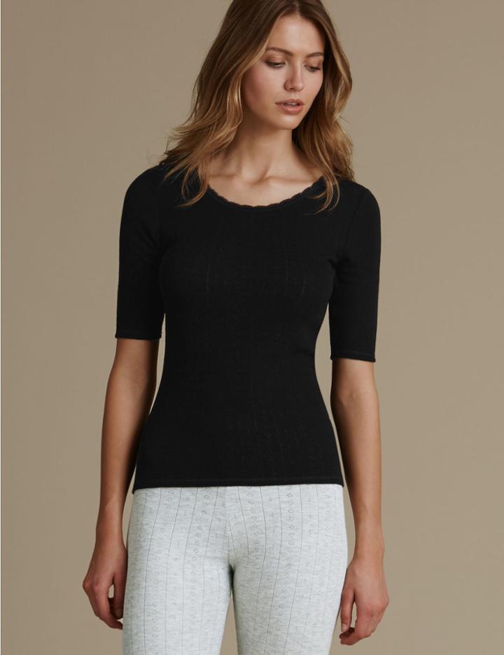 Marks & Spencer 2 Pack Thermal Short Sleeve Pointelle Tops Black/grey