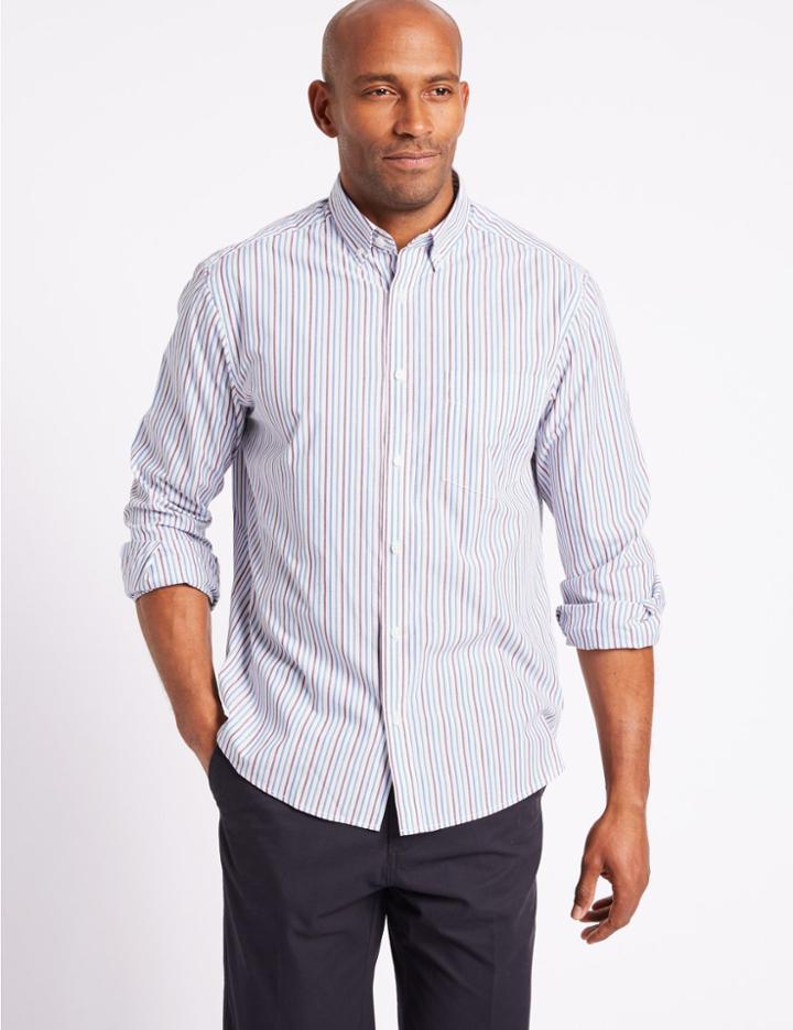 Marks & Spencer Pure Cotton Striped Shirt With Pocket Magenta Mix