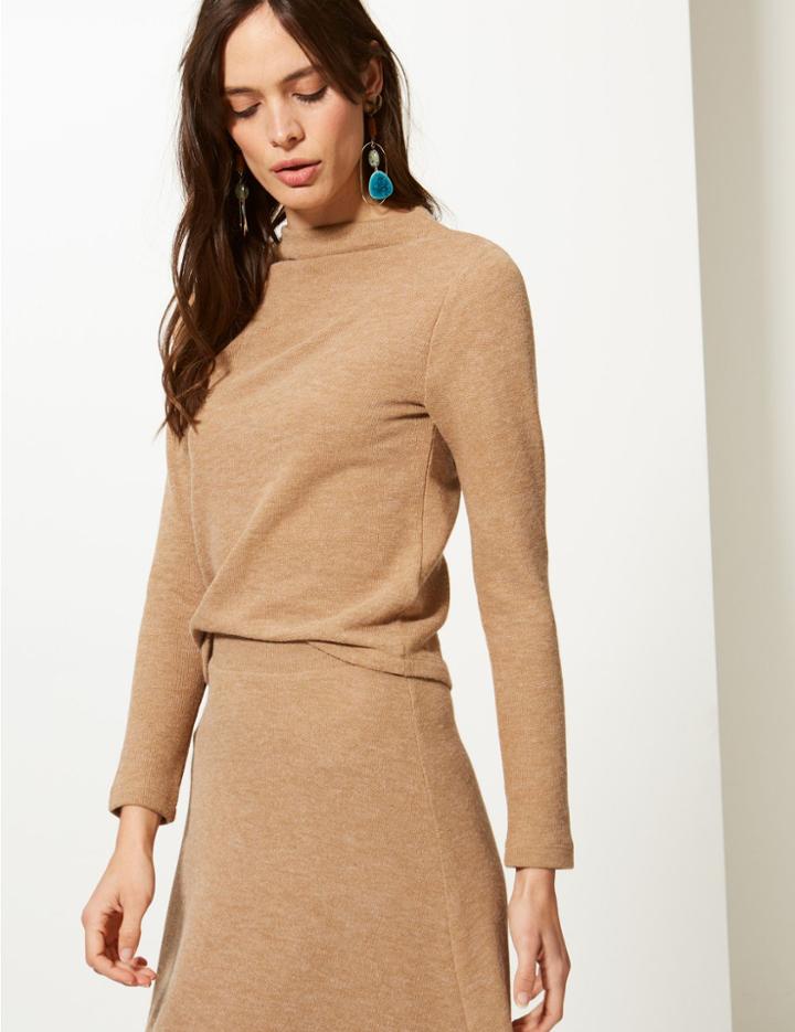 Marks & Spencer Knitted High Neck Long Sleeve Top Camel