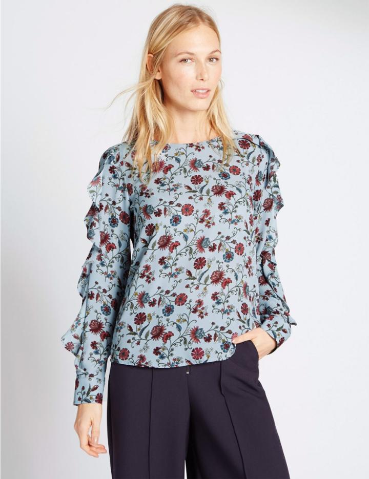 Marks & Spencer Ruffle Sleeve Floral Print Blouse Blue Mix