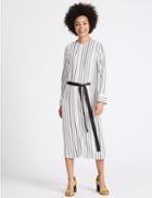 Marks & Spencer Striped Eyelet Shift Dress With Belt Ivory Mix