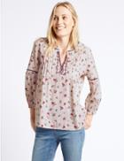 Marks & Spencer Cotton Rich Floral Print 3/4 Sleeve Blouse Ivory Mix