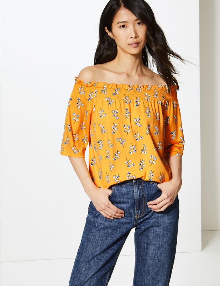 Marks & Spencer Floral Print Regular Fit Bardot Top Yellow Mix