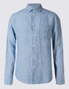 Marks & Spencer Pure Linen Easy Care Slim Fit Shirt Blue