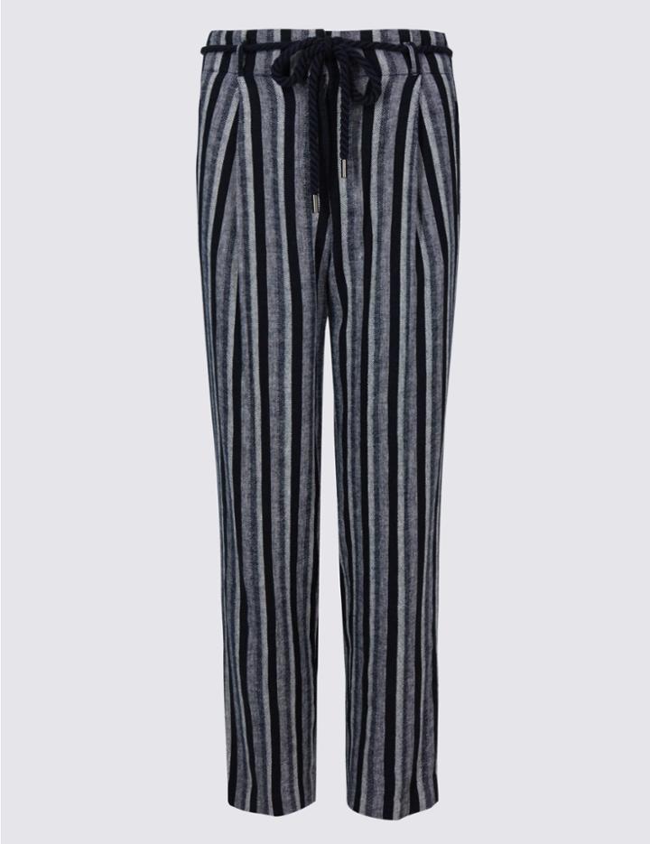 Marks & Spencer Linen Rich Striped Tapered Leg Trousers Blue Mix