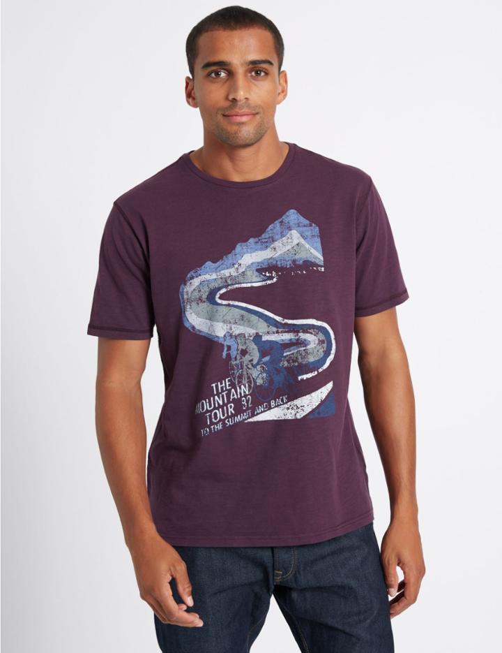 Marks & Spencer Pure Cotton Printed Crew Neck T-shirt Aubergine