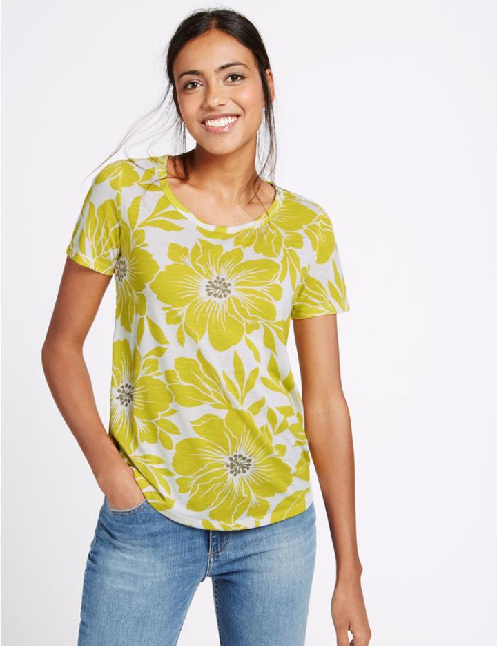Marks & Spencer Floral Print Round Neck Half Sleeve T-shirt Lime Mix