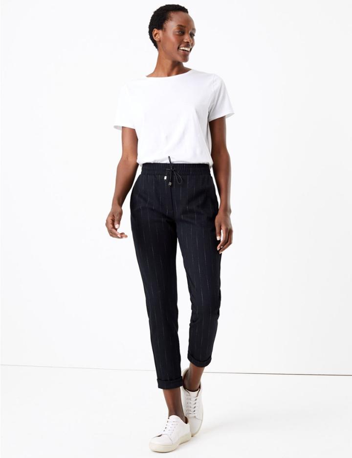 Marks & Spencer Herringbone Tapered Ankle Grazer Trousers Black Mix