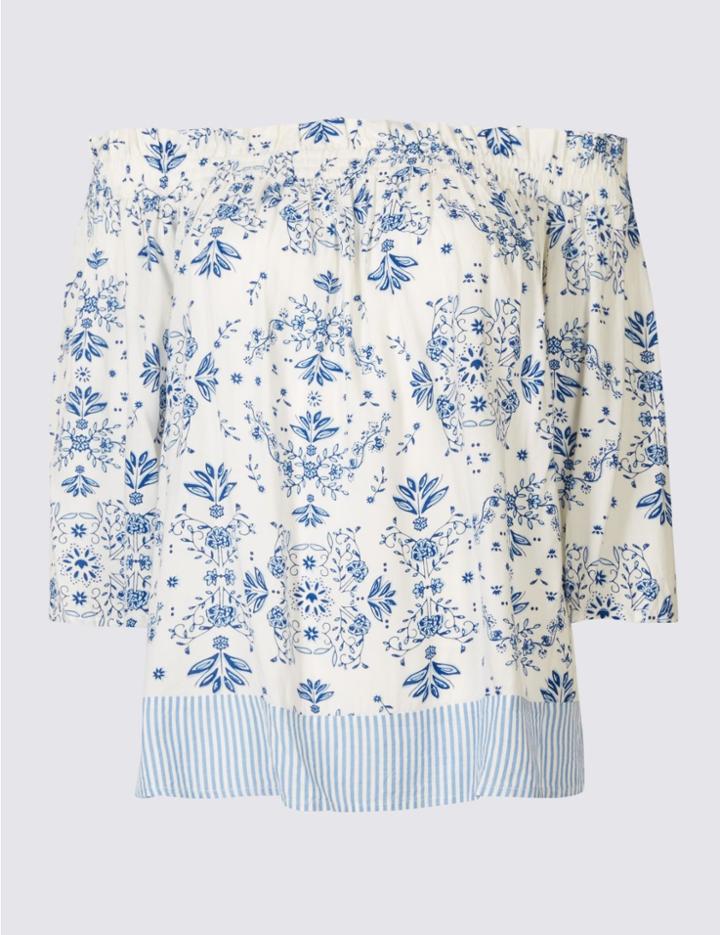 Marks & Spencer Floral Print Half Sleeve Bardot Top Blue Mix