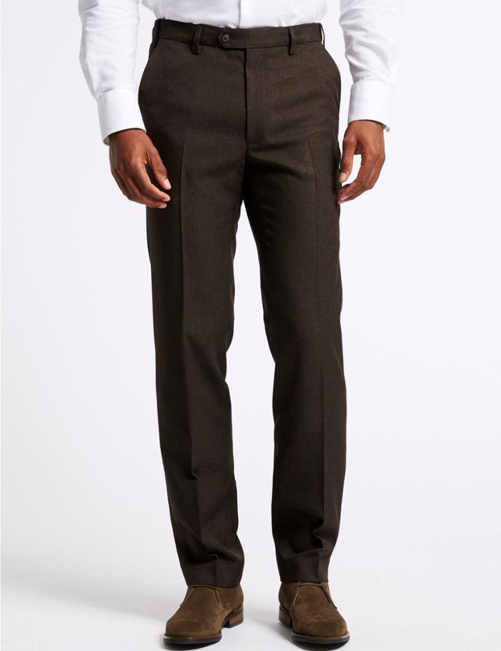 Marks & Spencer Tailored Fit Flat Front Trousers Brown